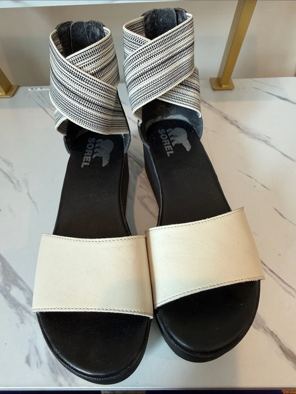 Sorel | Cameron Flatform Ankle Strap Sandal | Black & White | Size 7